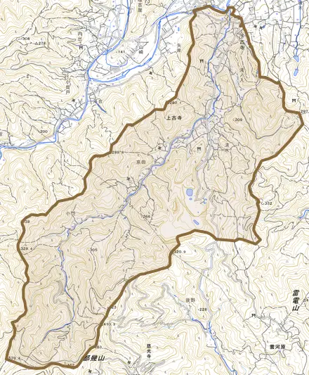 大字上古寺とその周辺の地図。町の範囲を重ねている
