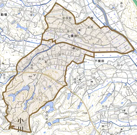大字上横田とその周辺の地図。町の範囲を重ねている