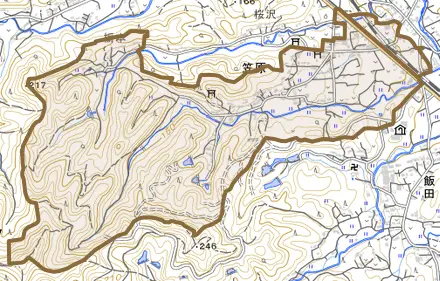 大字笠原とその周辺の地図。町の範囲を重ねている
