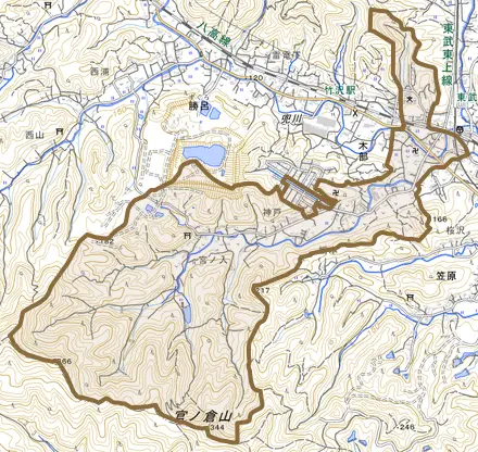 大字木部とその周辺の地図。町の範囲を重ねている