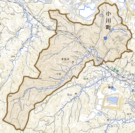 大字木呂子とその周辺の地図。町の範囲を重ねている