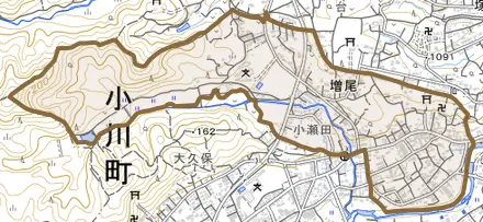 大字増尾とその周辺の地図。町の範囲を重ねている