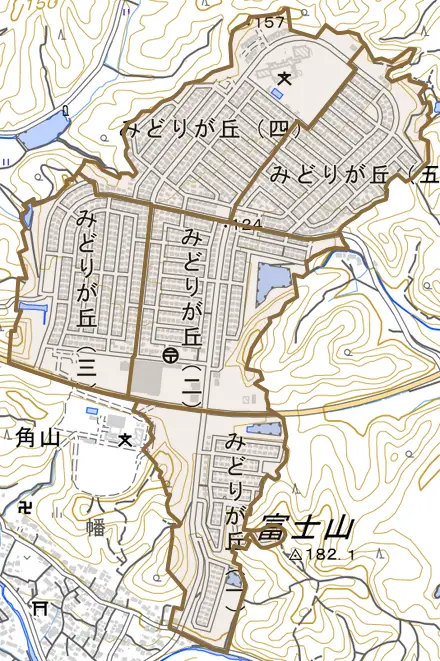 みどりが丘とその周辺の地図。町の範囲を重ねている
