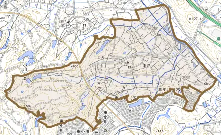 大字中爪とその周辺の地図。町の範囲を重ねている
