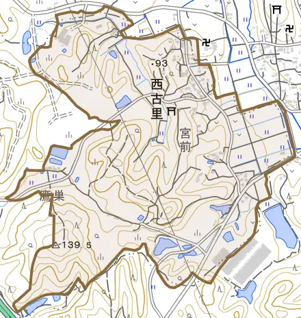 大字西古里とその周辺の地図。町の範囲を重ねている