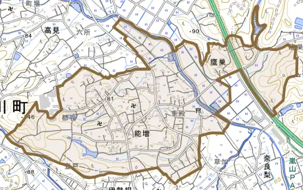 大字能増とその周辺の地図。町の範囲を重ねている