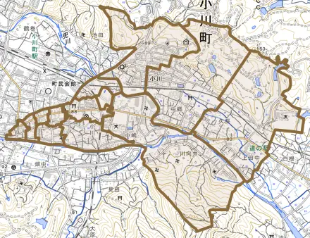 大字小川とその周辺の地図。町の範囲を重ねている