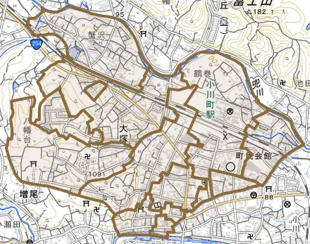 大字大塚とその周辺の地図。町の範囲を重ねている