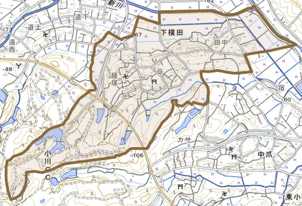 大字下横田とその周辺の地図。町の範囲を重ねている