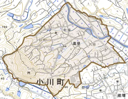 大字高見とその周辺の地図。町の範囲を重ねている