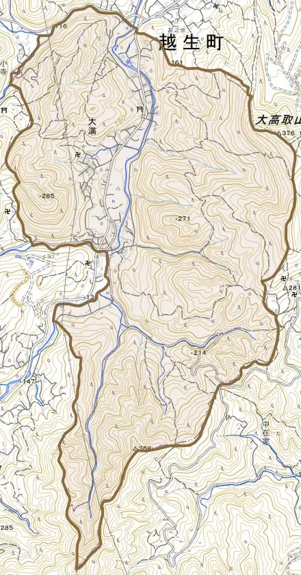 大字大満とその周辺の地図。町の範囲を重ねている