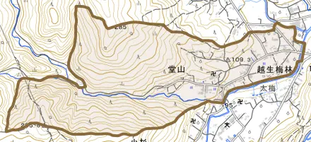 大字堂山とその周辺の地図。町の範囲を重ねている