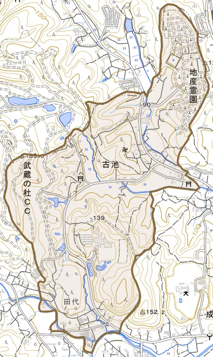 大字古池とその周辺の地図。町の範囲を重ねている