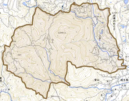 大字上谷とその周辺の地図。町の範囲を重ねている