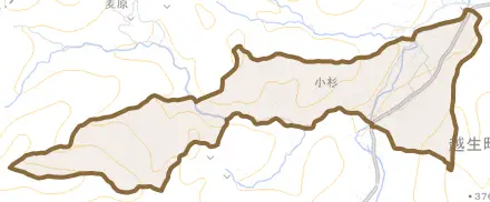 大字小杉とその周辺の地図。町の範囲を重ねている