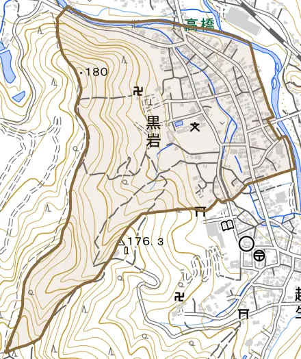 大字黒岩とその周辺の地図。町の範囲を重ねている