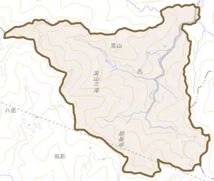 大字黒山とその周辺の地図。町の範囲を重ねている