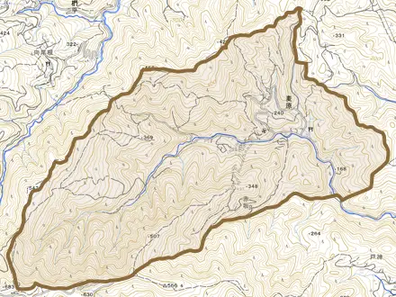 大字麦原とその周辺の地図。町の範囲を重ねている