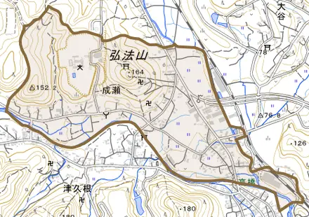 大字成瀬とその周辺の地図。町の範囲を重ねている