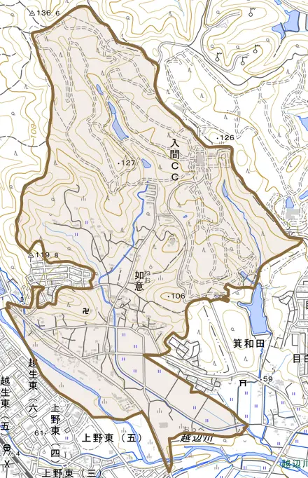 大字如意とその周辺の地図。町の範囲を重ねている