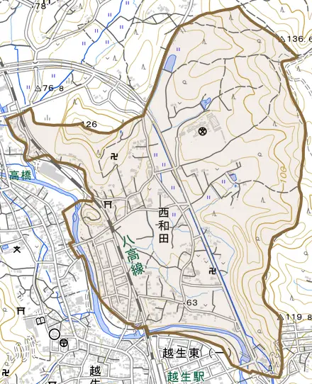 大字西和田とその周辺の地図。町の範囲を重ねている