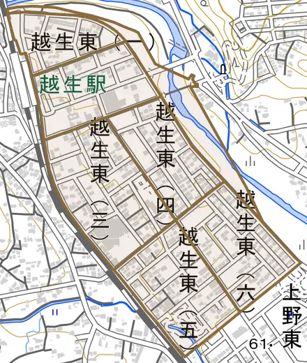 越生東とその周辺の地図。町の範囲を重ねている