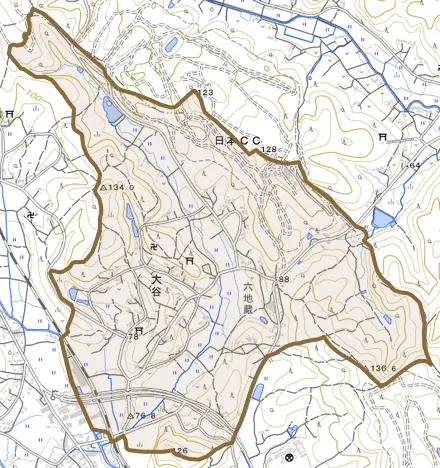 大字大谷とその周辺の地図。町の範囲を重ねている
