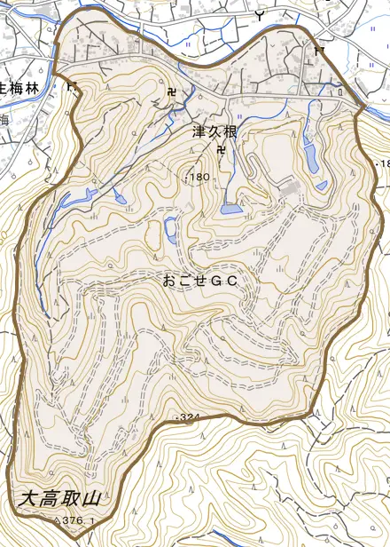 大字津久根とその周辺の地図。町の範囲を重ねている