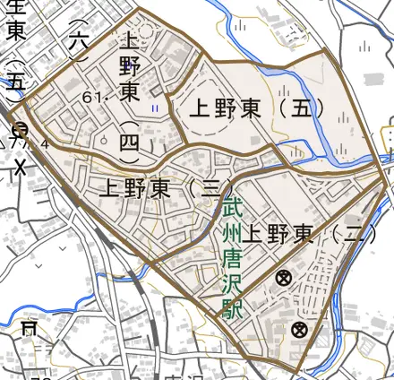 上野東とその周辺の地図。町の範囲を重ねている