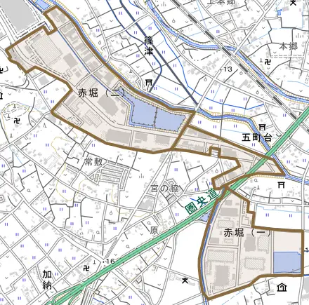 赤堀とその周辺の地図。町の範囲を重ねている