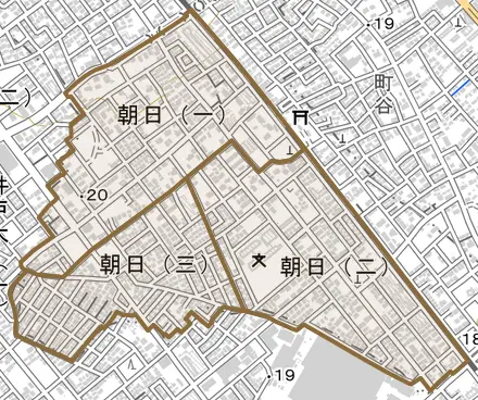 朝日とその周辺の地図。町の範囲を重ねている