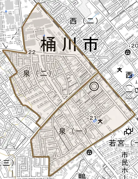 泉とその周辺の地図。町の範囲を重ねている