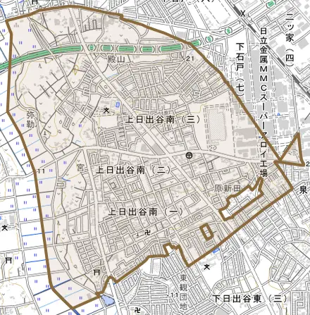 大字上日出谷とその周辺の地図。町の範囲を重ねている