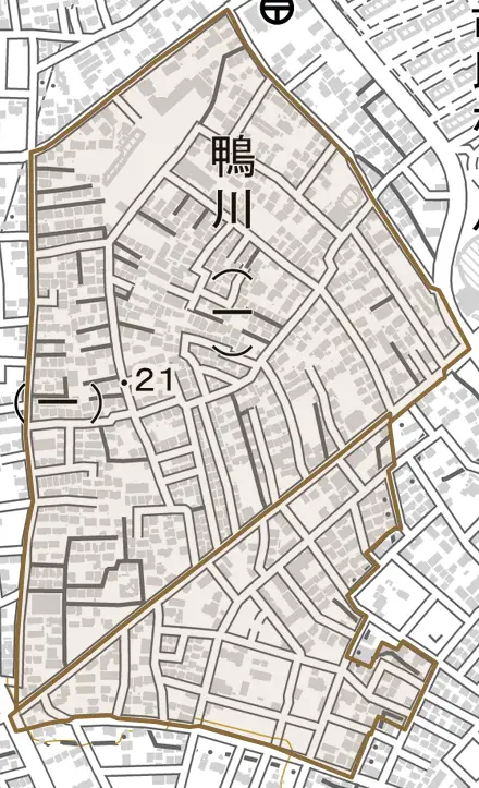 鴨川とその周辺の地図。町の範囲を重ねている