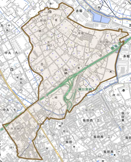 大字加納とその周辺の地図。町の範囲を重ねている