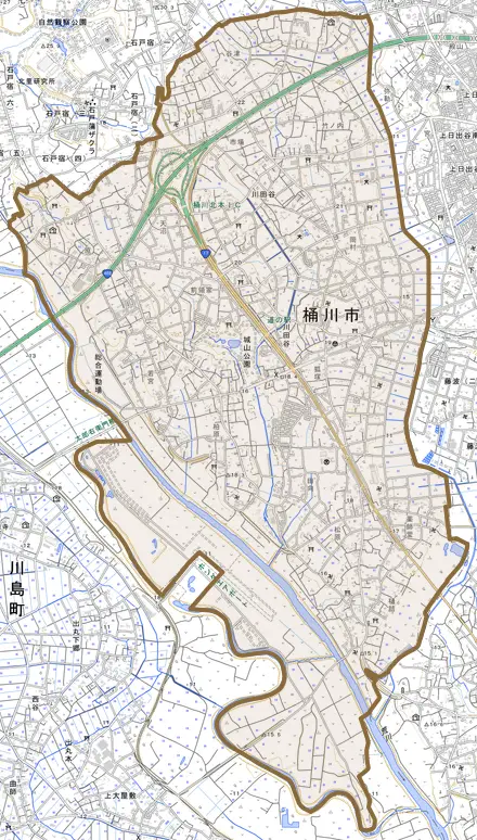 大字川田谷とその周辺の地図。町の範囲を重ねている