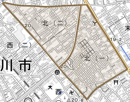 北とその周辺の地図。町の範囲を重ねている