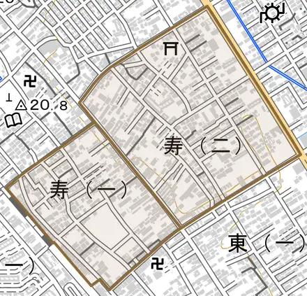 寿とその周辺の地図。町の範囲を重ねている