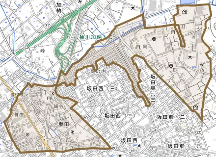大字坂田とその周辺の地図。町の範囲を重ねている