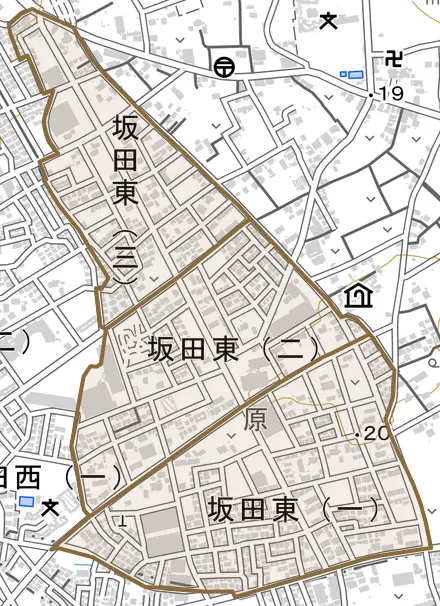 坂田東とその周辺の地図。町の範囲を重ねている