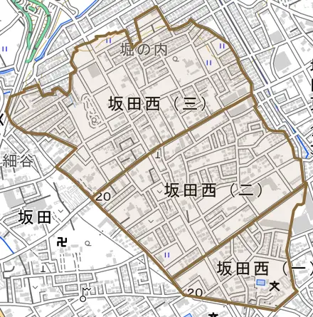 坂田西とその周辺の地図。町の範囲を重ねている