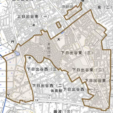 大字下日出谷とその周辺の地図。町の範囲を重ねている