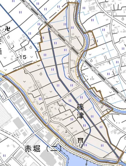 大字篠津とその周辺の地図。町の範囲を重ねている