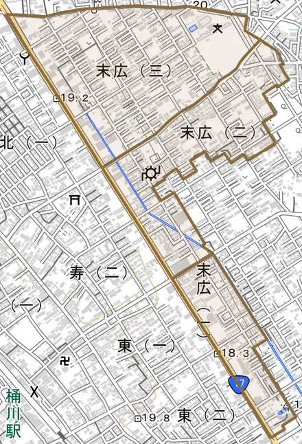 末広とその周辺の地図。町の範囲を重ねている