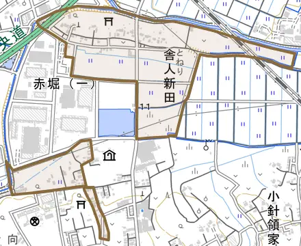 大字舎人新田とその周辺の地図。町の範囲を重ねている