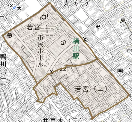 若宮とその周辺の地図。町の範囲を重ねている