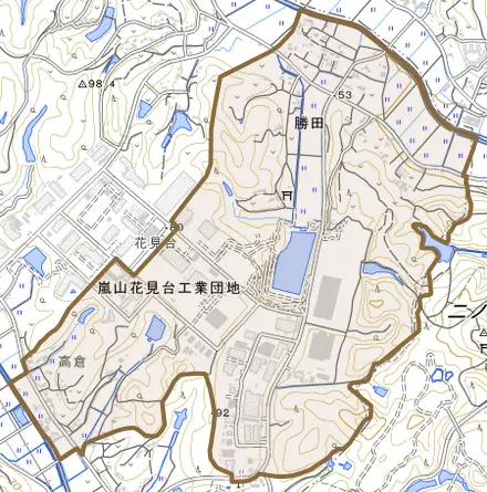 大字勝田とその周辺の地図。町の範囲を重ねている