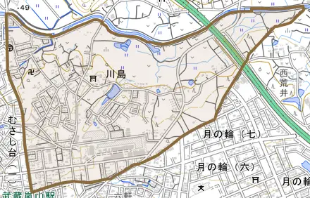 大字川島とその周辺の地図。町の範囲を重ねている