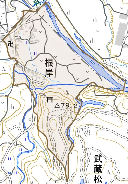 大字根岸とその周辺の地図。町の範囲を重ねている
