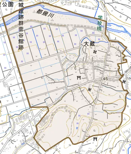 大字大蔵とその周辺の地図。町の範囲を重ねている